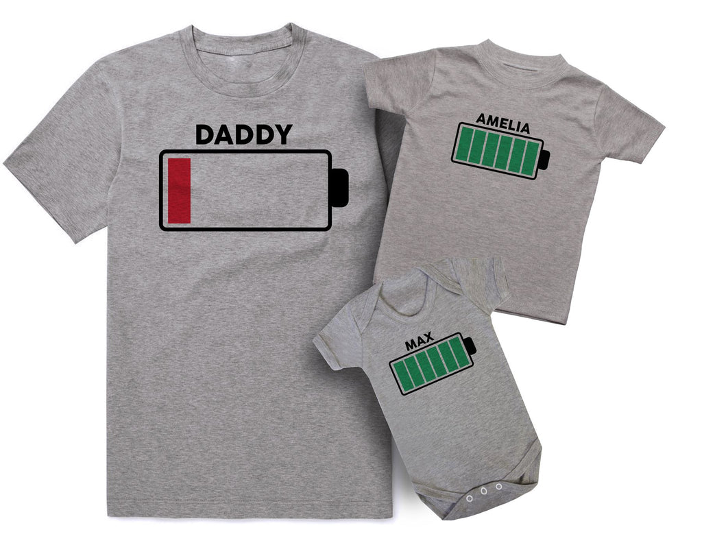 Personalised Battery Full And Battery Empty Matching T Shirt & Bodysuit Set