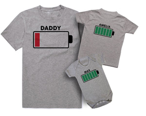Personalised Battery Full And Battery Empty Matching T Shirt & Bodysuit Set