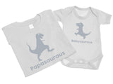 Papasauraus And Babysauraus - Mens T Shirt With Short Sleeve Bodysuit Matching Gift Set