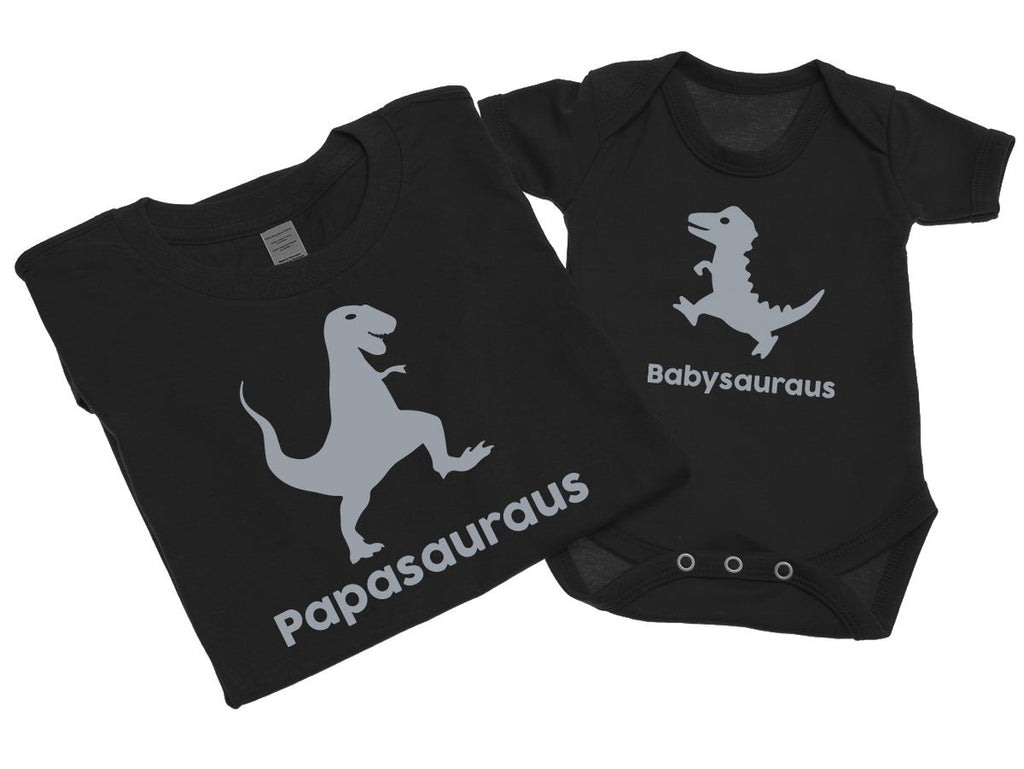 Papasauraus And Babysauraus - Mens T Shirt With Short Sleeve Bodysuit Matching Gift Set