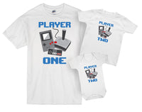 Retro Player One and Player Two Father And Baby Matching T Shirt & Bodysuit Set
